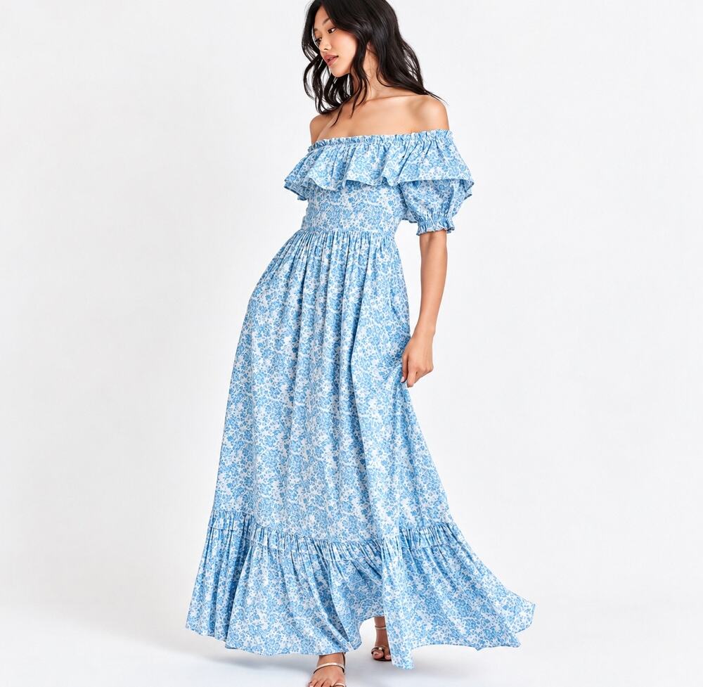 LoveShackFancy Tara Blue Floral Off Shoulder Maxi Dress Size 4